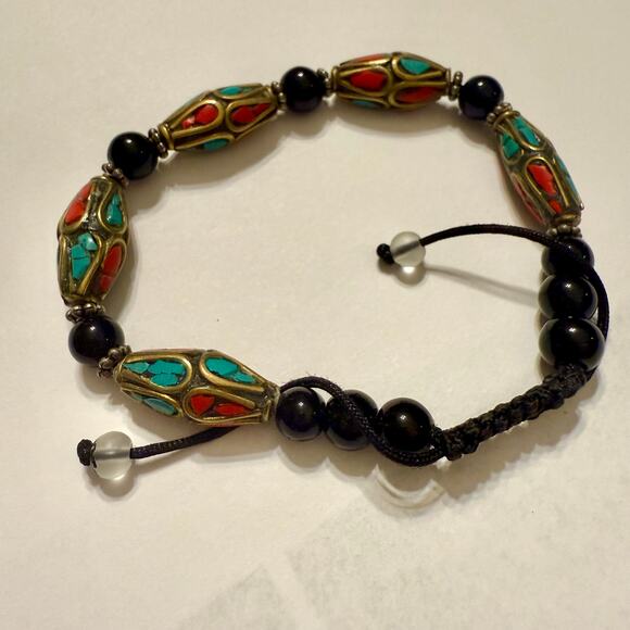 Artisan Jewelry - Nepalese Turquoise & Coral Inlay Brass Beaded Bangle